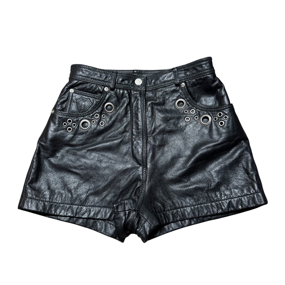 Vintage Arlen Ness Leather Biker Shorts Women M Y2K Black Grommet High Rise Moto